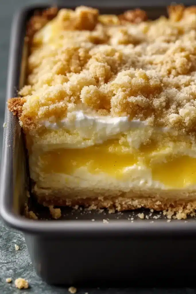 Lemon Cream Cheese Dump Cake 5 Baked Lemon Cream Cheese Dump Cake with lemon layers and crumb topping