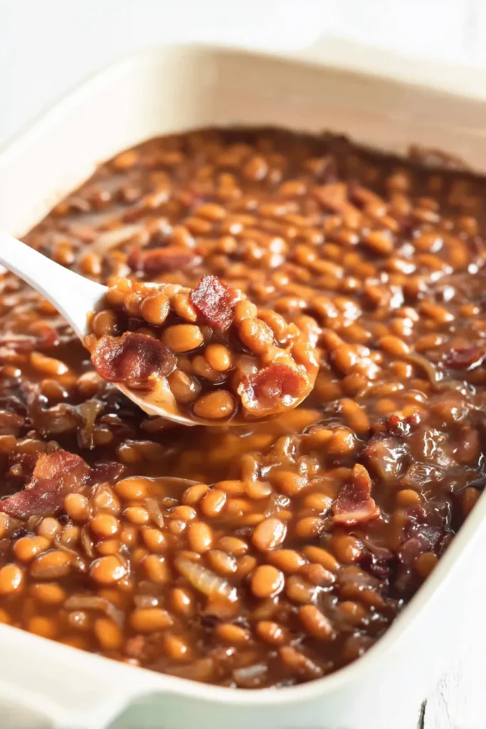 BBQ Baked Beans served with a spoon from a casserole dish