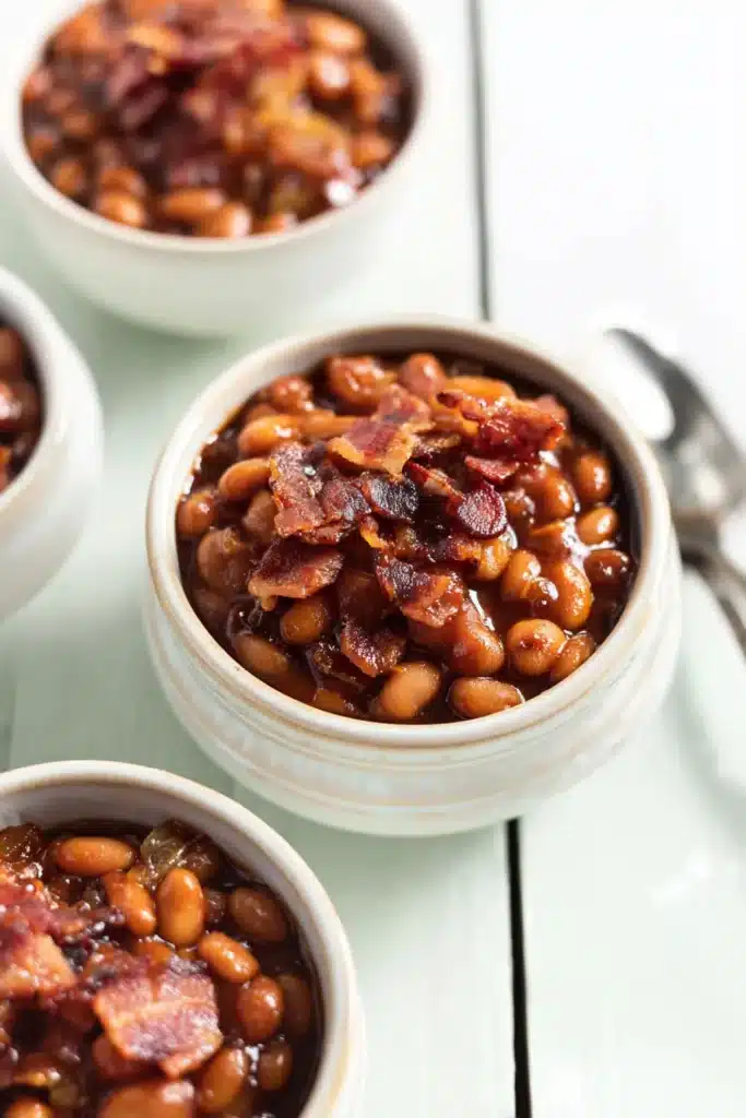 BBQ baked beans with crispy bacon in stoneware bowls