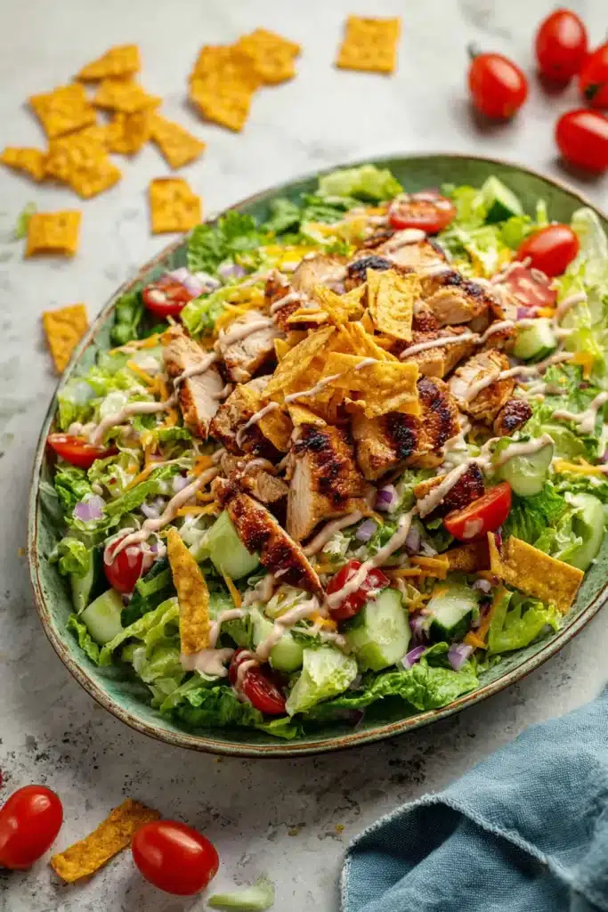 BBQ Chicken Salad 4 BBQ Chicken Salad with grilled chicken, tortilla strips, fresh vegetables, and BBQ ranch dressing