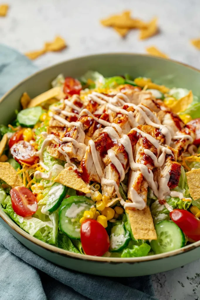 BBQ Chicken Salad 1 BBQ chicken salad with grilled chicken, fresh vegetables, BBQ ranch, and tortilla strips