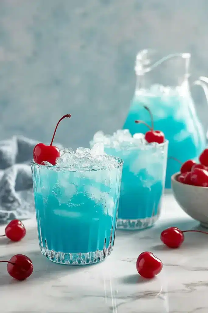 Blue Hawaiian Lemonade with ice and cherries for a festive summer party