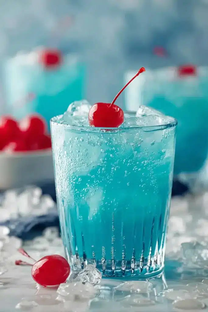 Blue Hawaiian Lemonade with ice cubes and cherry garnish