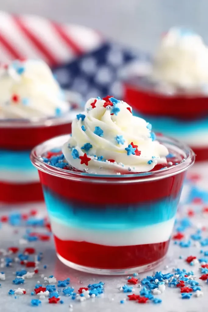 Bomb Pop Jello Shots with red white and blue layers and whipped cream