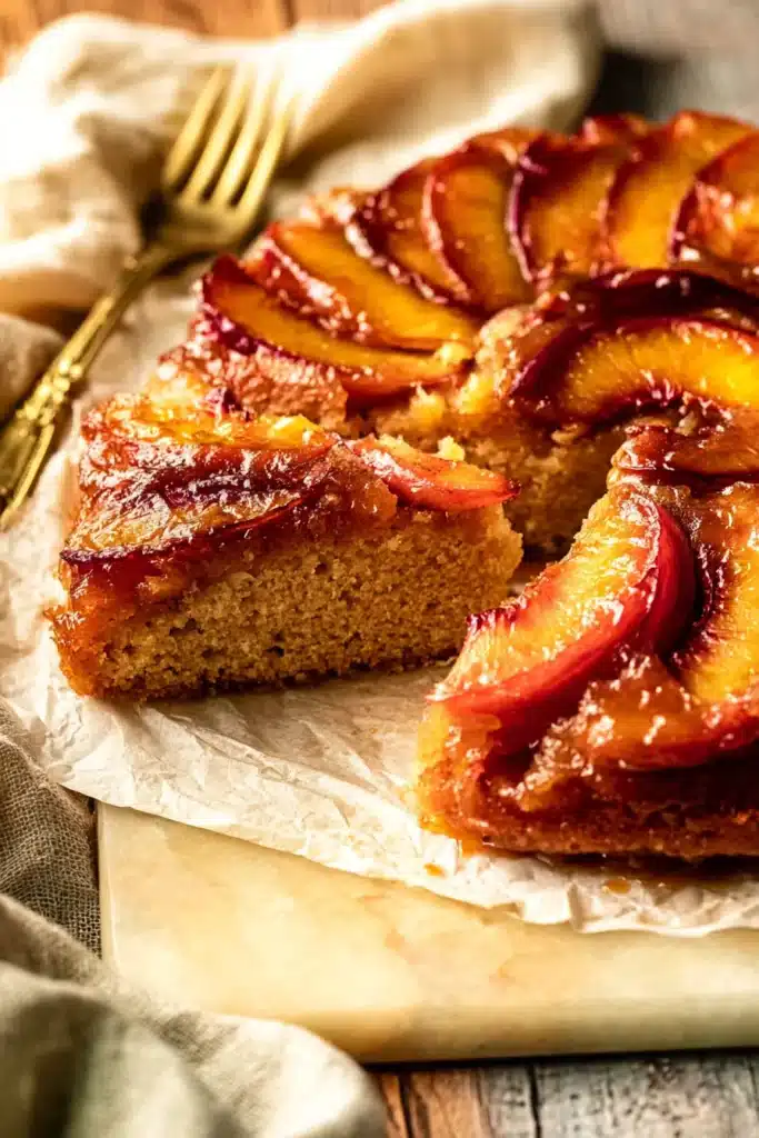 Bourbon Peach Upside Down Cake 1 Bourbon peach upside down cake with caramelized peaches and moist crumb