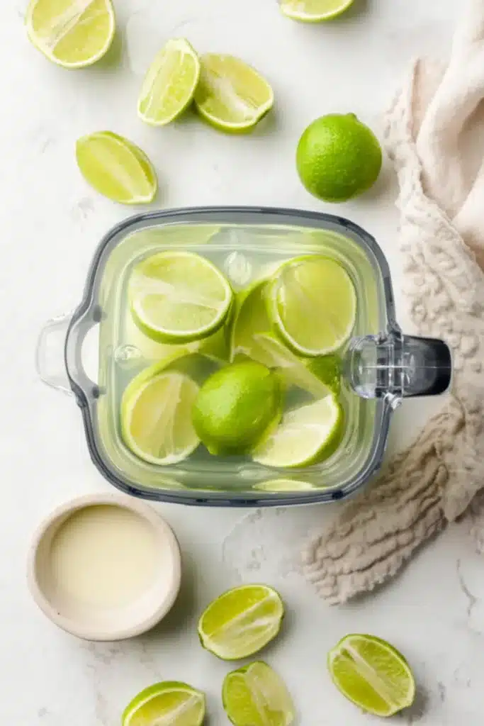 Brazilian Lemonade ingredients with fresh limes in blender pitcher