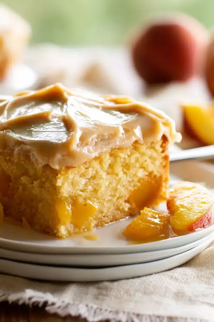 Brown Sugar Peach Cake 1 Brown Sugar Peach Cake slice with caramel frosting and juicy peach pieces