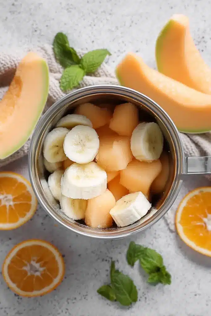 Cantaloupe Smoothie Recipe 2 Cantaloupe smoothie ingredients in a blender with banana and yogurt