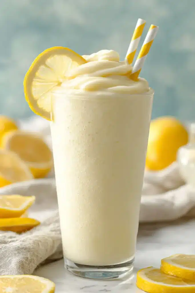 Chick-fil-A Frosted Lemonade 1 Chick-fil-A Frosted Lemonade in a tall glass with lemon garnish
