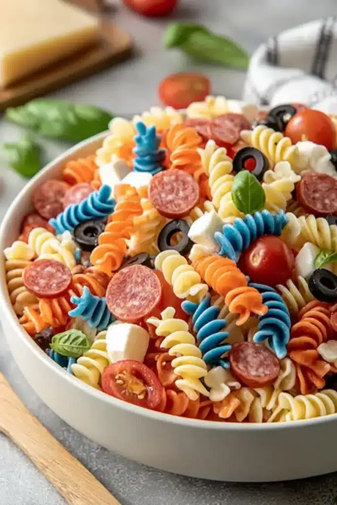 Chilled 4th of July Pasta Salad 1 Chilled 4th of July Pasta Salad with red white and blue rotini, mozzarella, olives, and pepperoni