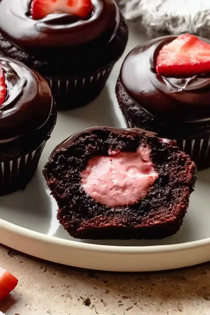 Strawberry Cupcakes 1 Chocolate strawberry cupcakes with glossy ganache and strawberry cream filling