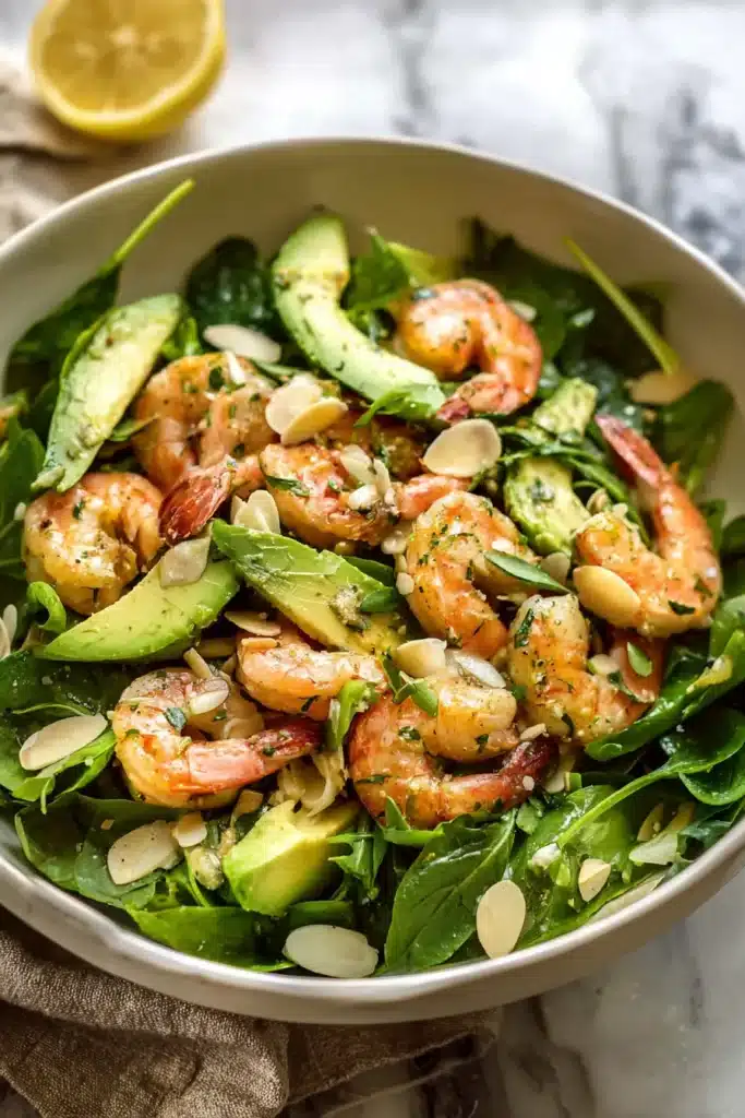 Citrus Shrimp and Avocado Salad 1 Citrus shrimp and avocado salad with fresh greens, almonds, and creamy avocado