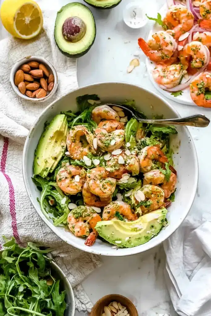 Citrus Shrimp and Avocado Salad 4 Citrus Shrimp and Avocado Salad served with avocado and toasted almonds