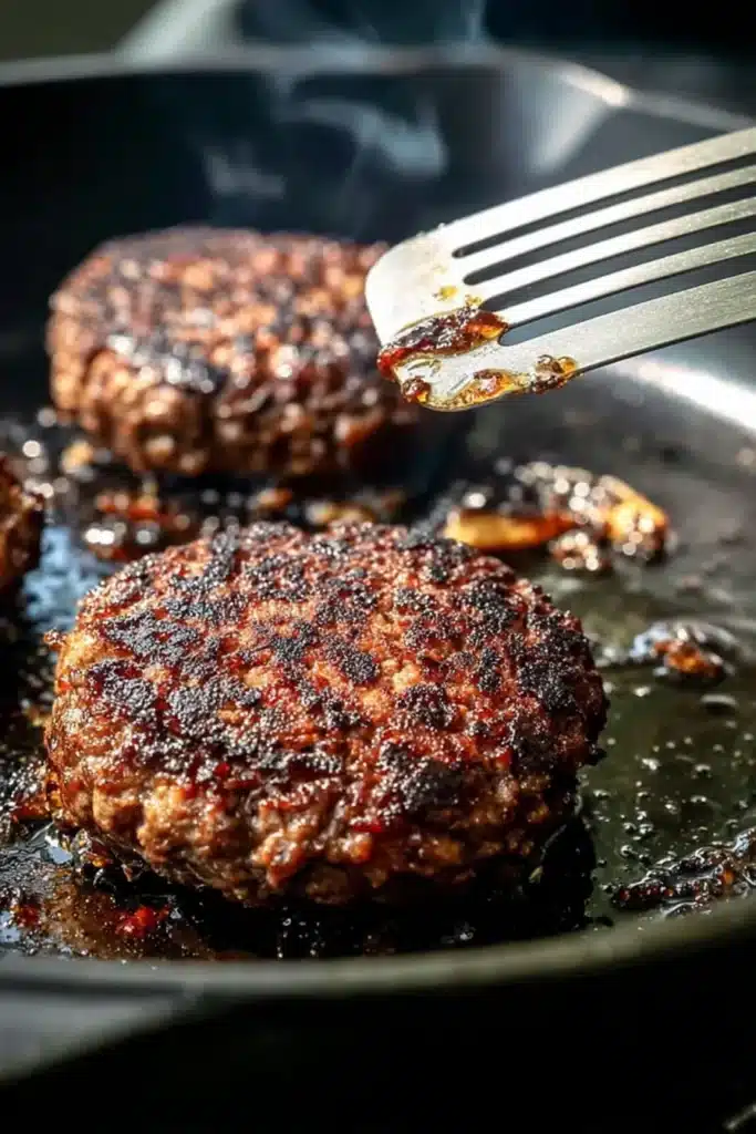 Classic Patty Melt Recipe 3 Classic Patty Melt beef patties searing in skillet