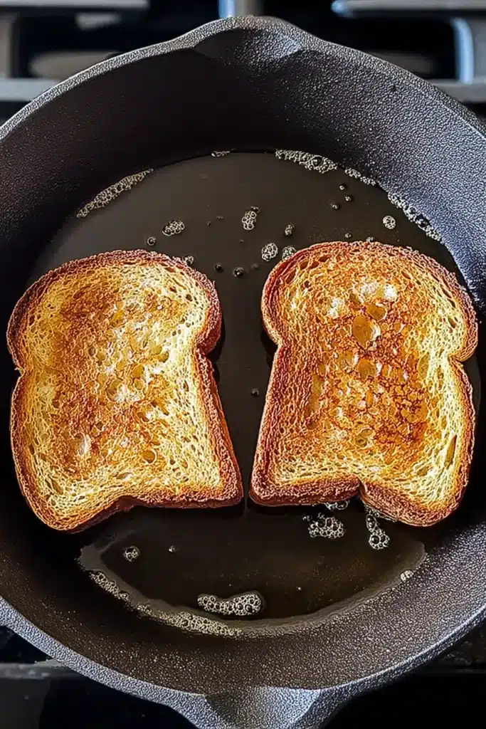 Classic Patty Melt Recipe 2 Classic Patty Melt bread toasting in cast iron skillet