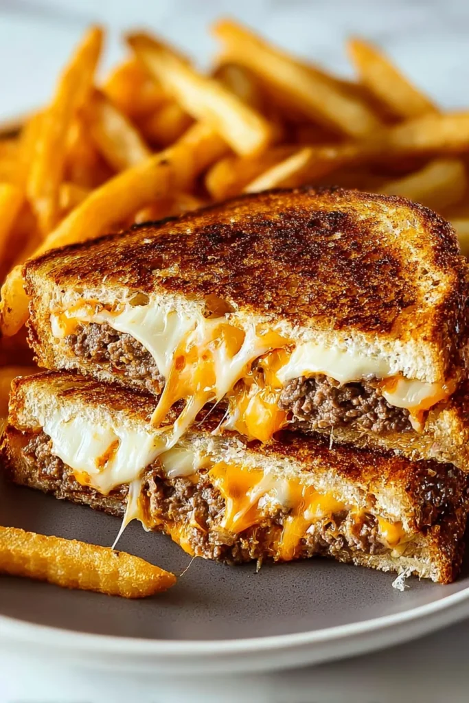 Classic Patty Melt Recipe 1 Classic Patty Melt sandwich with melted cheese and fries