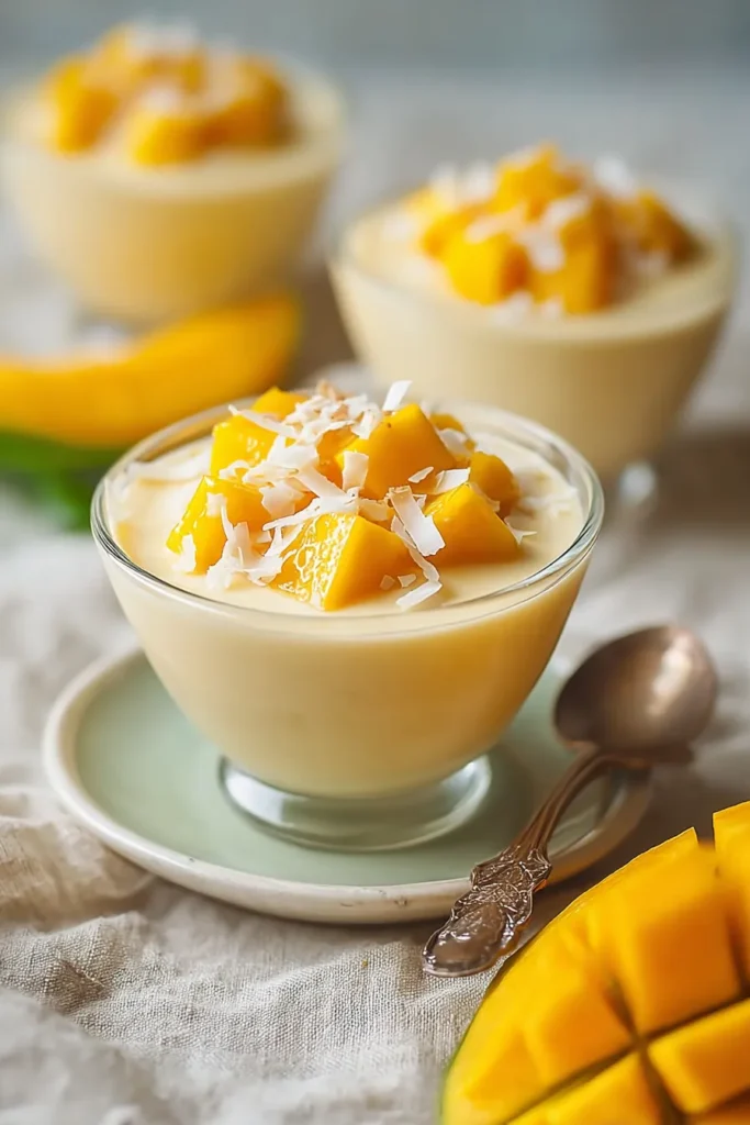 Coconut Mango Pudding topped with fresh mango and coconut flakes