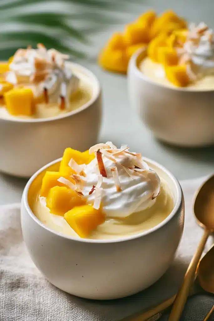 Coconut Mango Pudding topped with whipped coconut cream and mango cubes