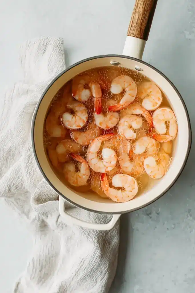 Cooked shrimp for Cucumber Shrimp Salad in a saucepan