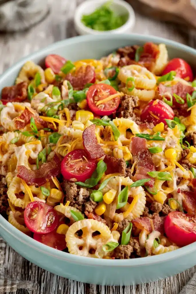 Cowboy Pasta Salad with bacon, beef, cheddar cheese, corn, and creamy barbecue dressing
