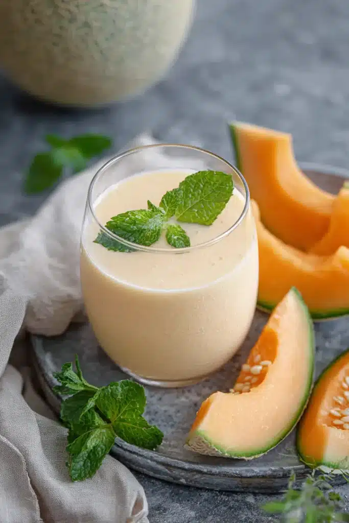 Cantaloupe Smoothie Recipe 1 Creamy cantaloupe smoothie with mint garnish in a glass