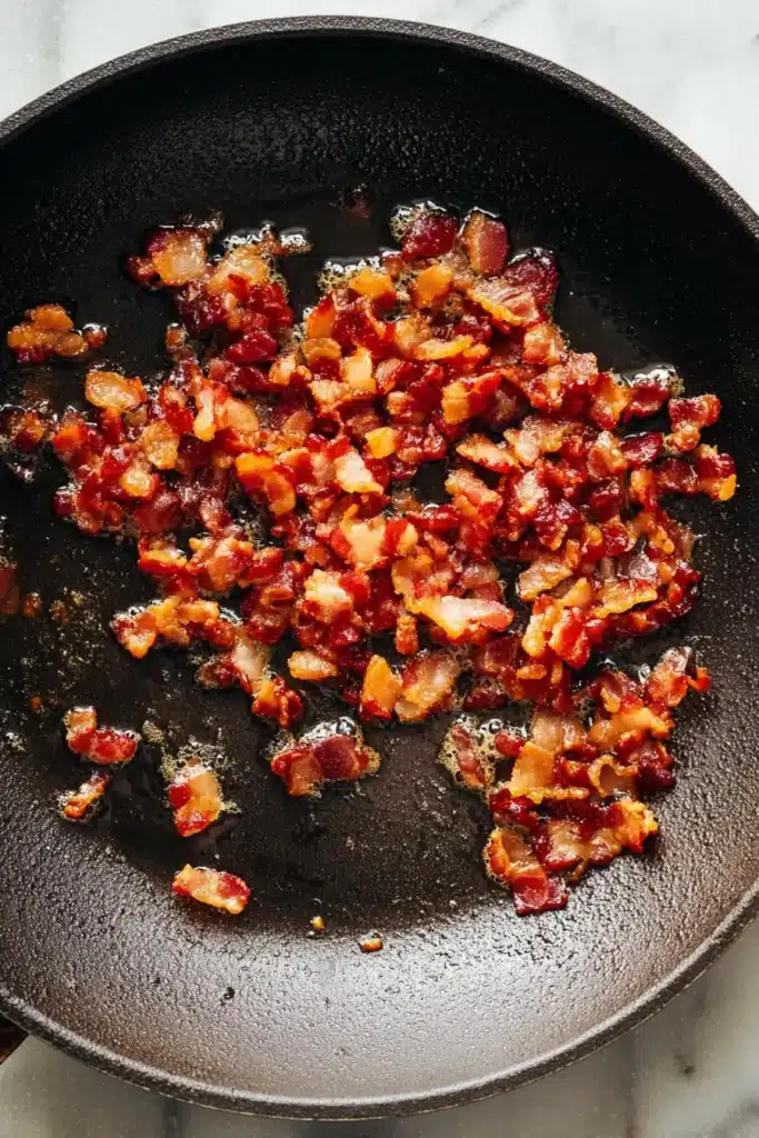 Crispy bacon cooking for Dill Pickle Bacon Pasta Salad in a cast iron skillet