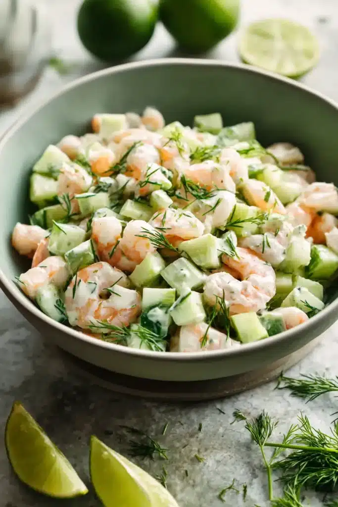 Cucumber shrimp salad with creamy lime dill dressing in a ceramic bowl