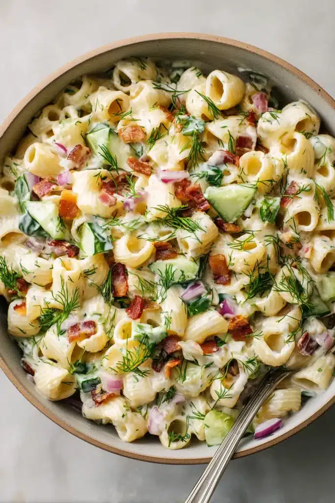 Creamy Dill Pickle Bacon Pasta Salad with bacon, cucumbers, pickles, and fresh dill