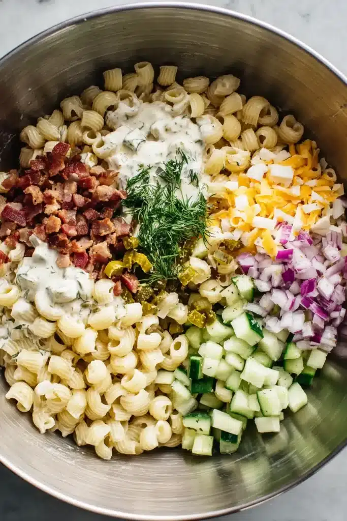 Dill Pickle Bacon Pasta Salad ingredients combined in a mixing bowl before tossing