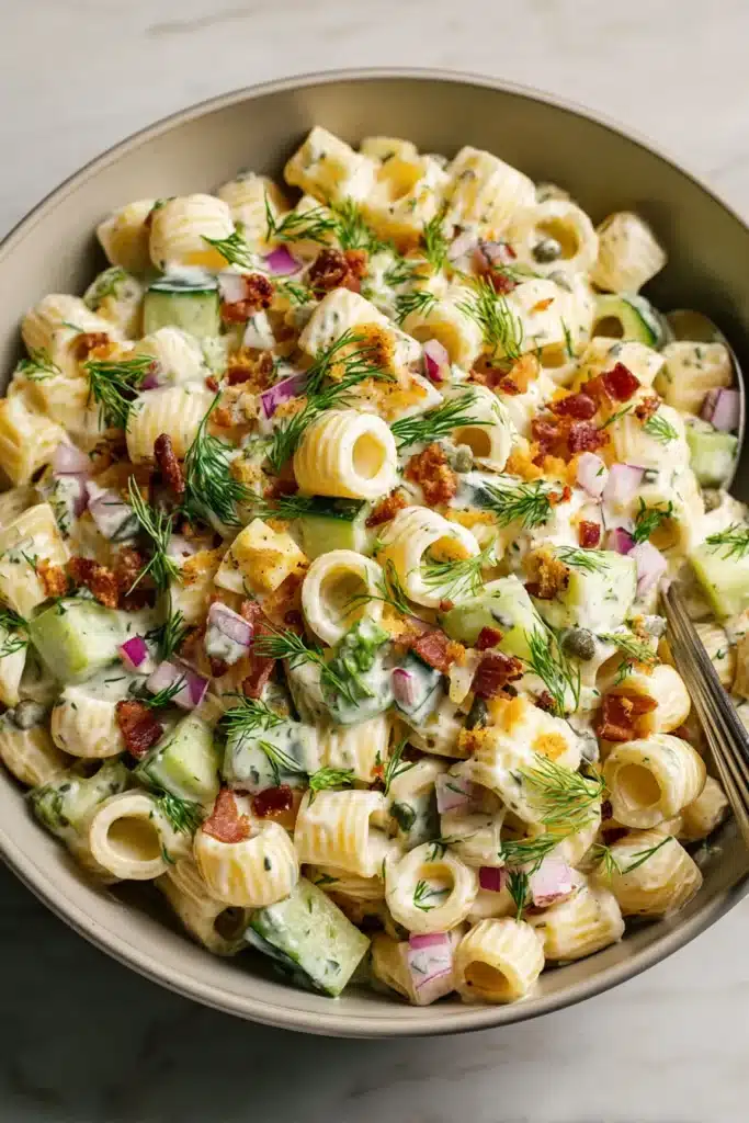 Dill Pickle Bacon Pasta Salad with creamy dressing, crispy bacon, cucumbers, and fresh dill