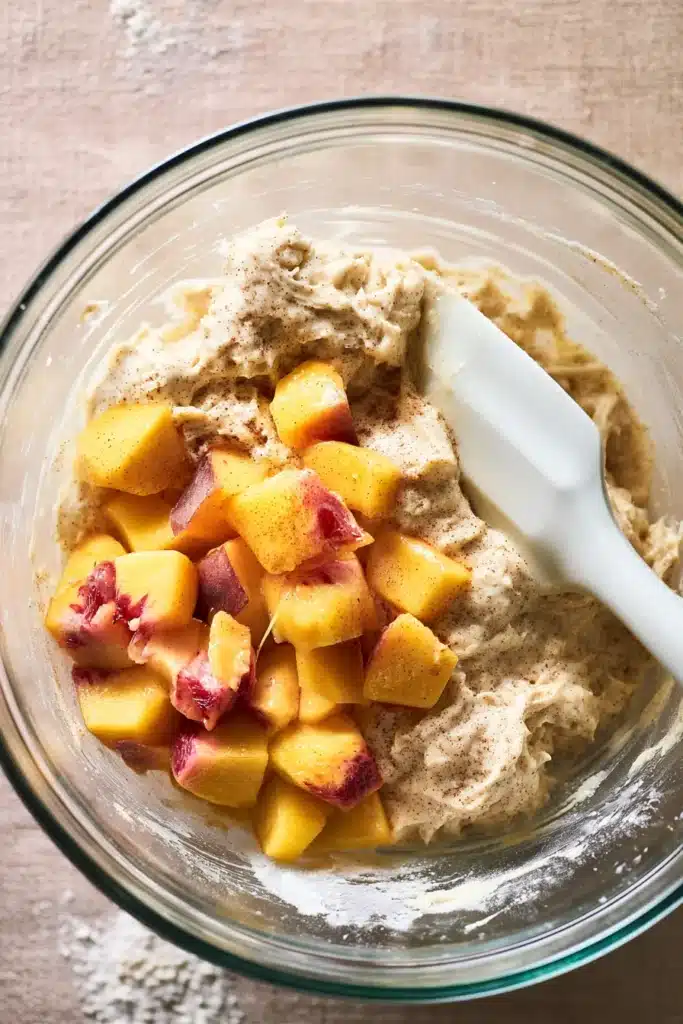 Easy Spiced Peach Bread 3 Easy Spiced Peach Bread batter with fresh diced peaches being folded in