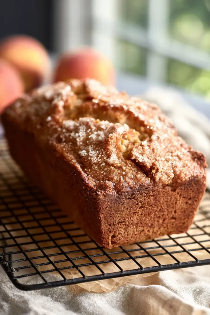 Easy Spiced Peach Bread 2 Easy Spiced Peach Bread loaf cooling on rack with crunchy sugar topping