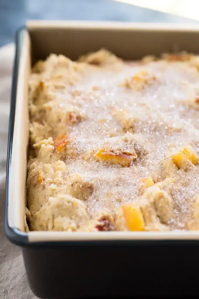 Easy Spiced Peach Bread 4 Easy Spiced Peach Bread batter in loaf pan with sparkling sugar topping
