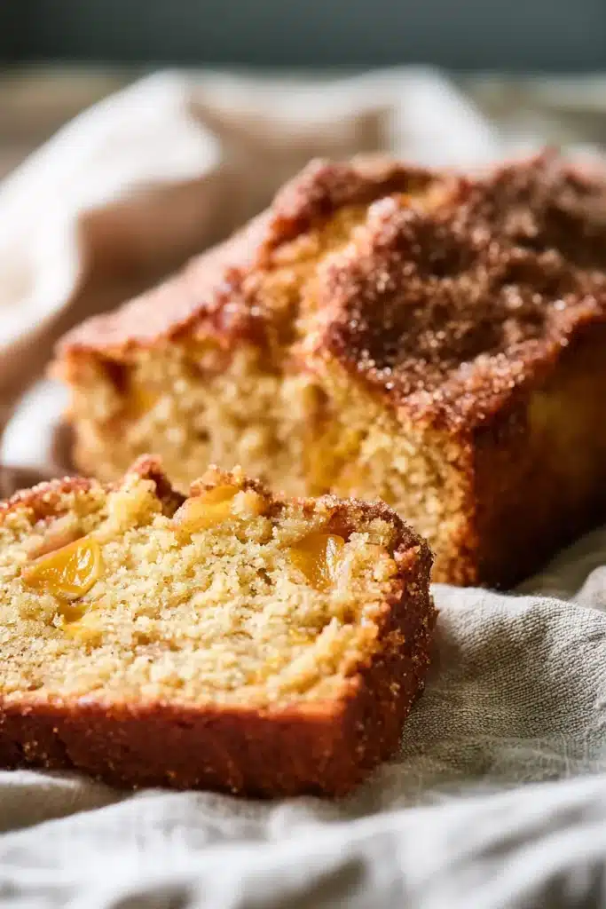 Easy Spiced Peach Bread 1 Easy Spiced Peach Bread slices with juicy peaches and cinnamon spiced crumb