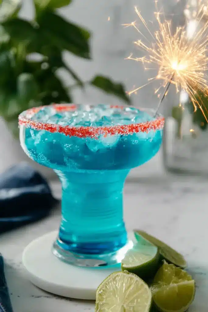 Firecracker Margarita Recipe 1 Firecracker Margarita with red candy rim and sparkler for Fourth of July