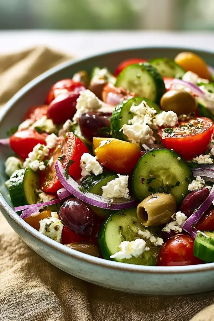Greek Salad with cucumbers, tomatoes, olives, feta cheese, and red onions