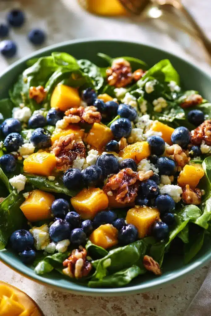 Mango Salad with spinach, blueberries, feta, and walnuts