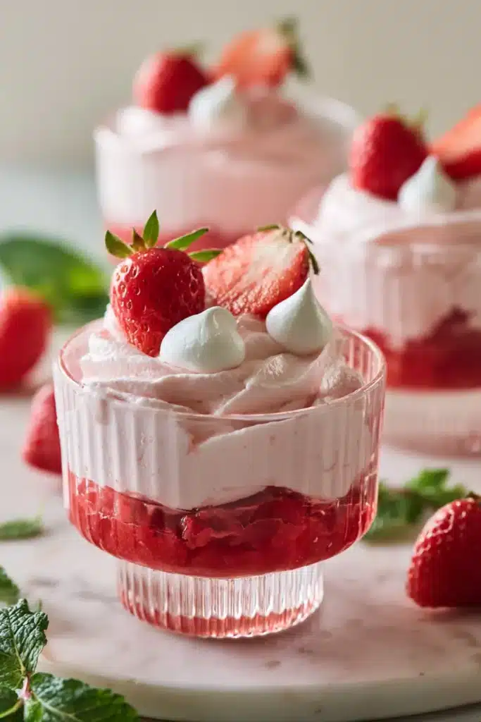 Fresh Strawberry Mousse in glass cups with strawberry puree and berries
