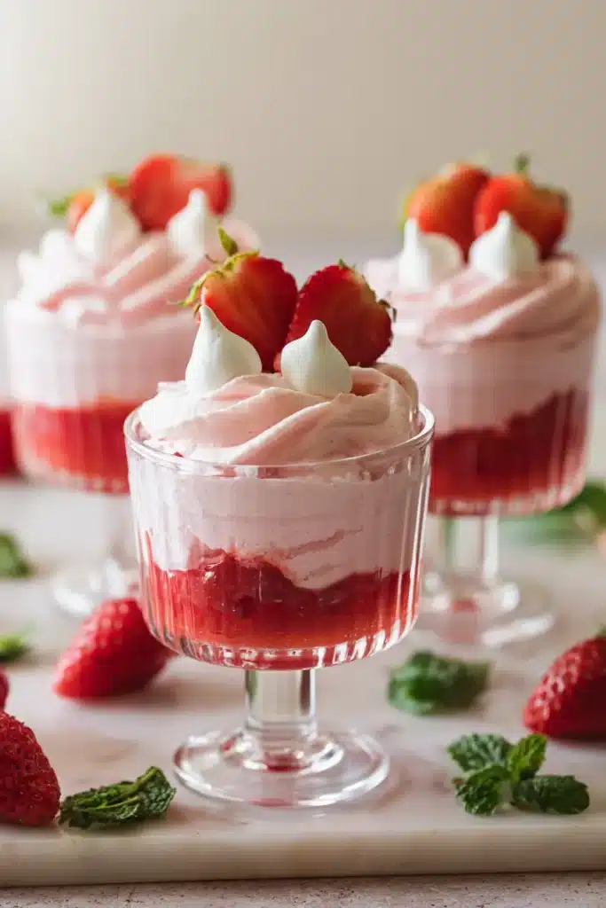 Fresh Strawberry Mousse layered with puree and strawberries