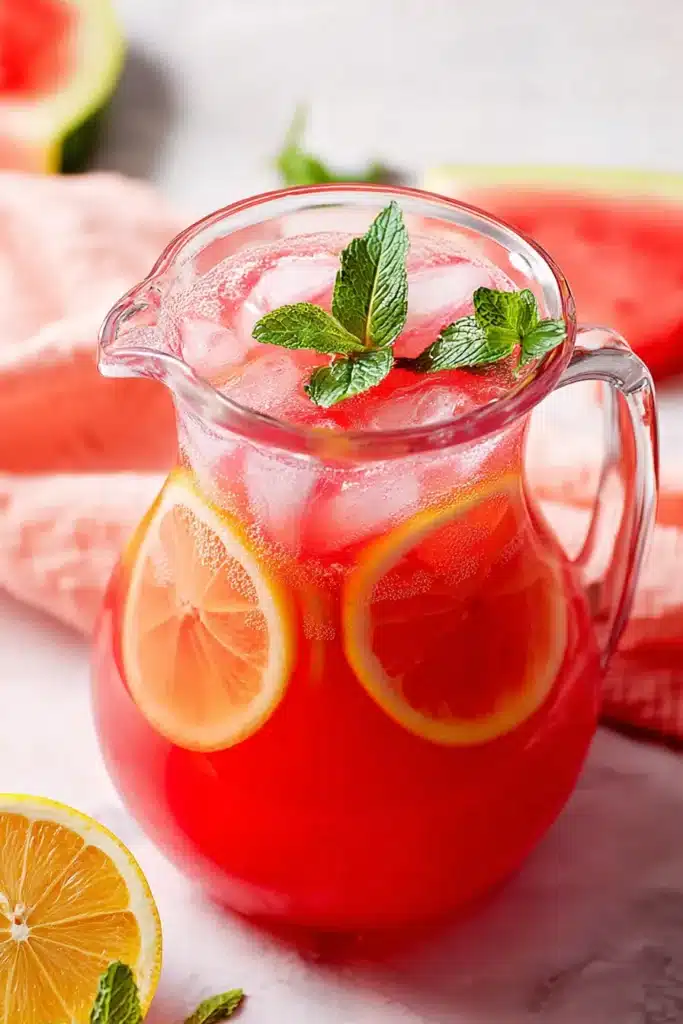 Watermelon Lemonade 1 Watermelon lemonade in a pitcher with lemon slices, mint, and ice