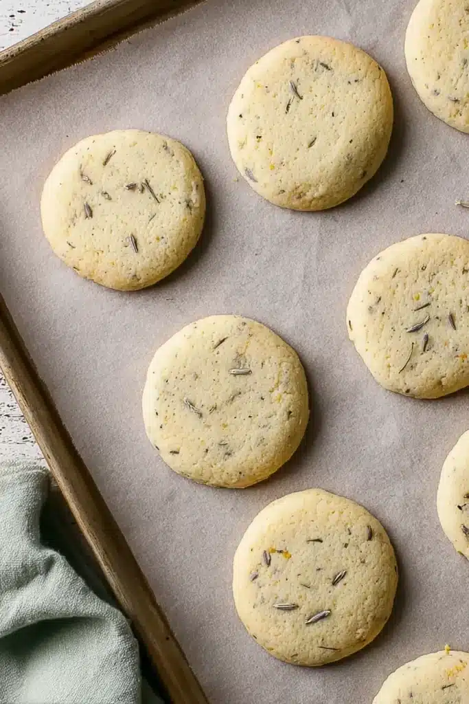 Lemon Lavender Cookies 4 Lemon Lavender Cookies cooling on a baking sheet after baking
