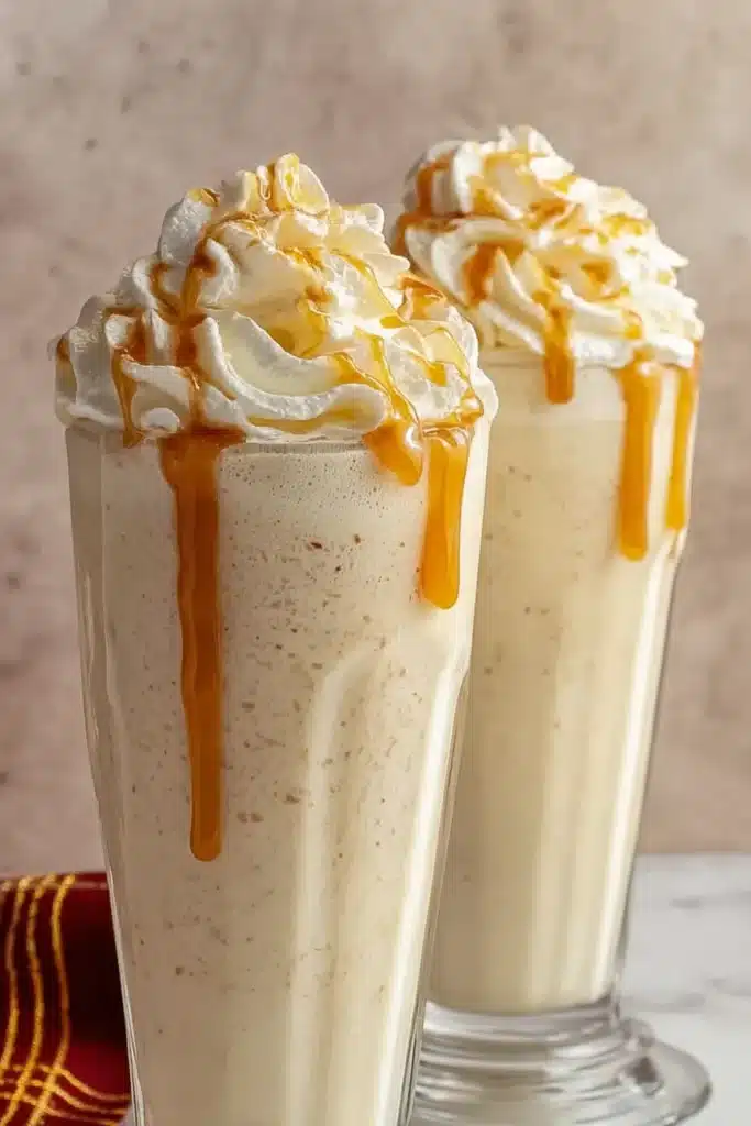 Frozen Butterbeer Recipe 1 Frozen Butterbeer topped with whipped cream and butterscotch drizzle in tall glasses