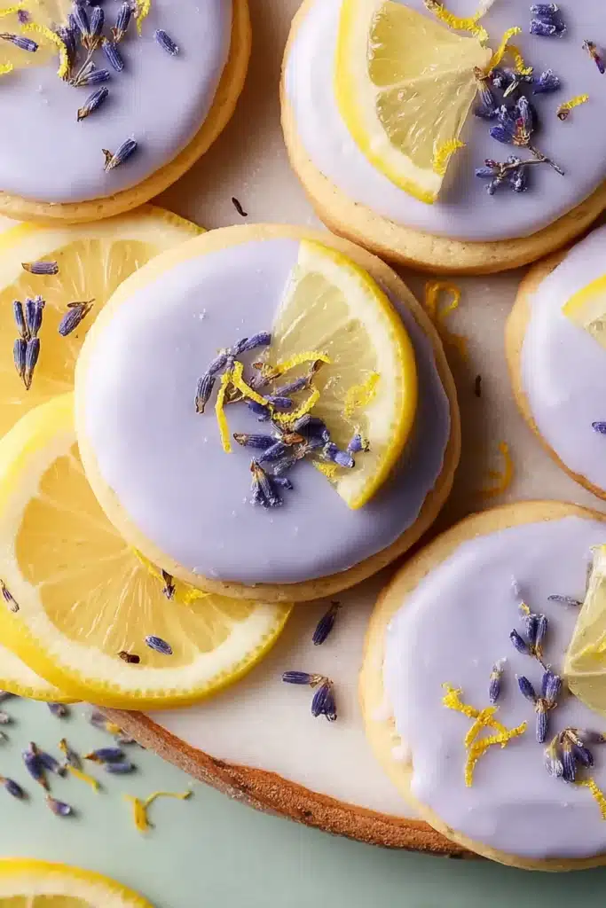 Lemon Lavender Cookies 5 Lemon Lavender Cookies with lavender glaze, lemon zest, and fresh lavender garnish
