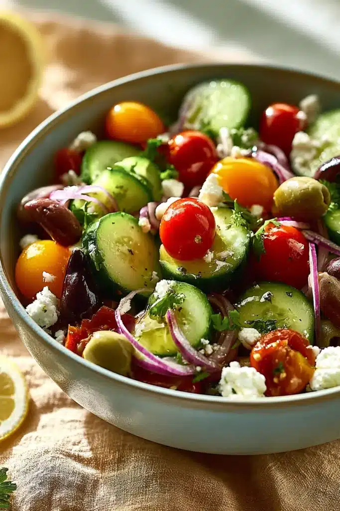 Greek Salad with cucumbers, tomatoes, olives, feta cheese, and red onion