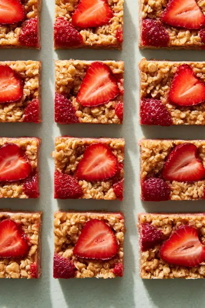 Healthy Strawberry Oatmeal Bars 1 Healthy strawberry oatmeal bars topped with fresh strawberry slices in a neat grid