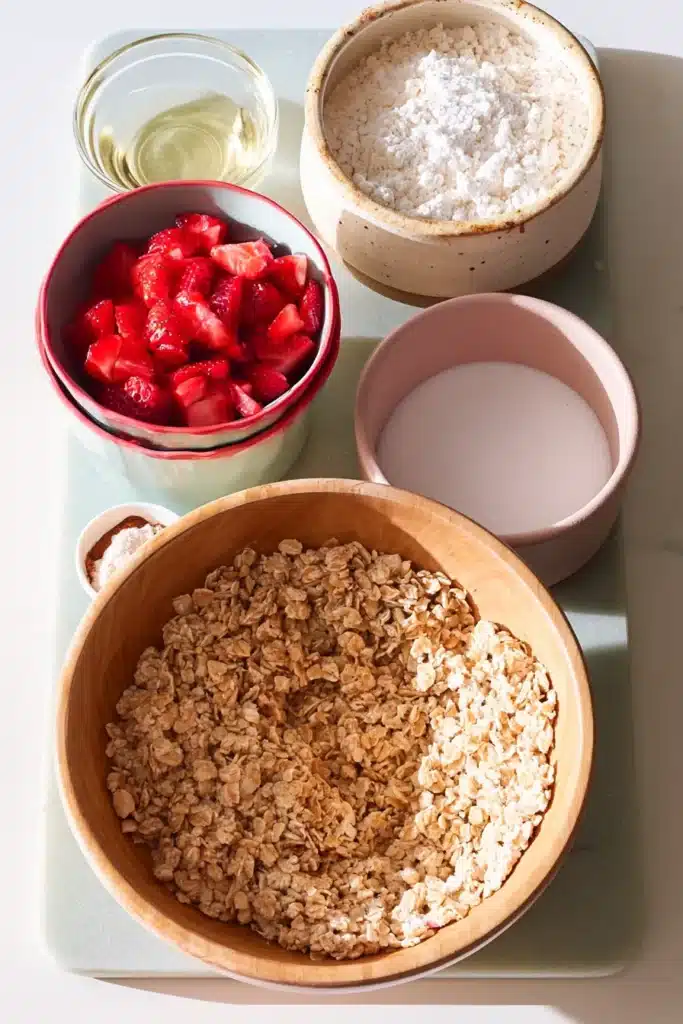 Healthy Strawberry Oatmeal Bars 2 Healthy Strawberry Oatmeal Bars ingredients with oats, strawberries, flour, and sugar