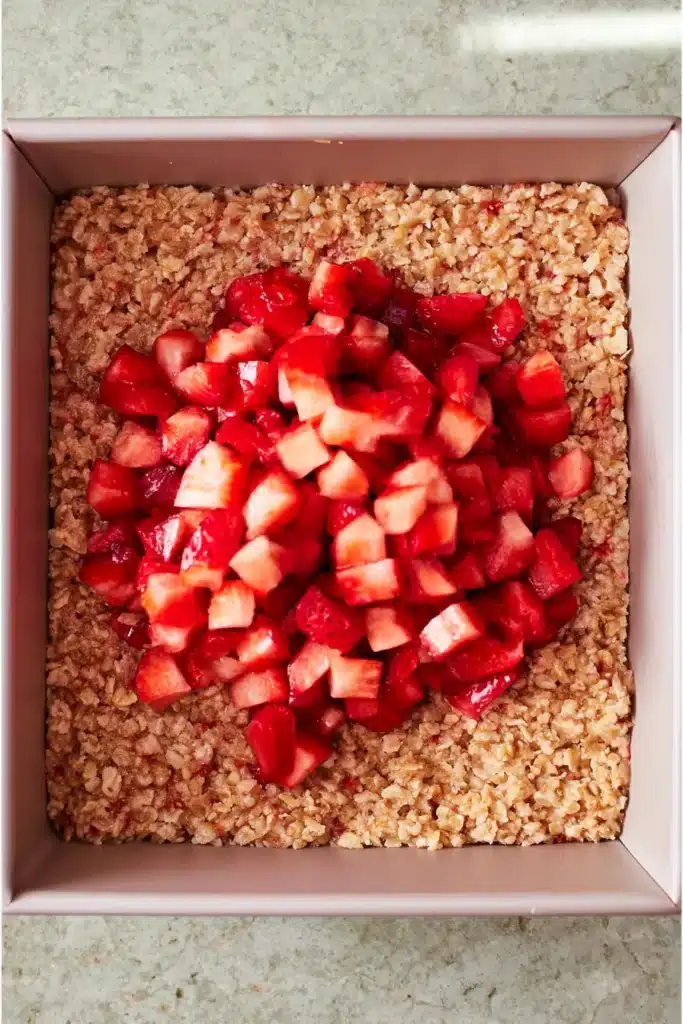 Healthy Strawberry Oatmeal Bars 3 Healthy Strawberry Oatmeal Bars with diced strawberries layered over an oat crust