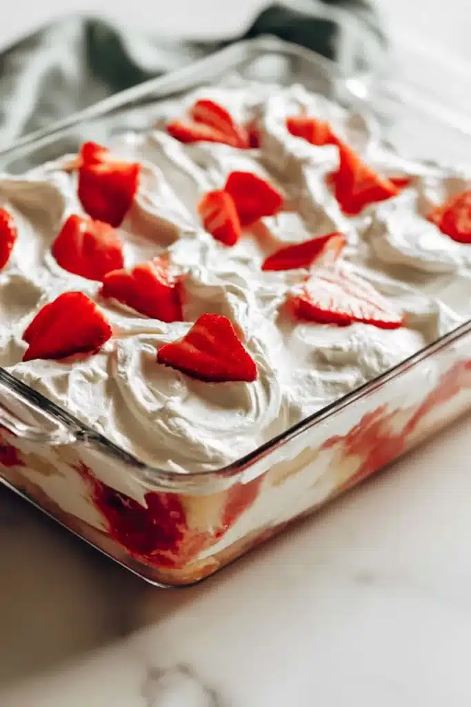 Homemade Strawberry Shortcake 3 Homemade Strawberry Shortcake with whipped cream and strawberries in a glass dish