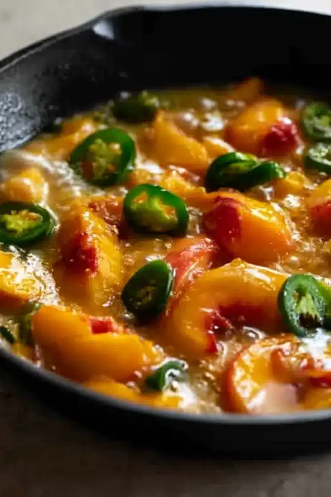 Jalapeno Peach Chicken 4 Jalapeno Peach Chicken peach glaze simmering with peaches and jalapeños