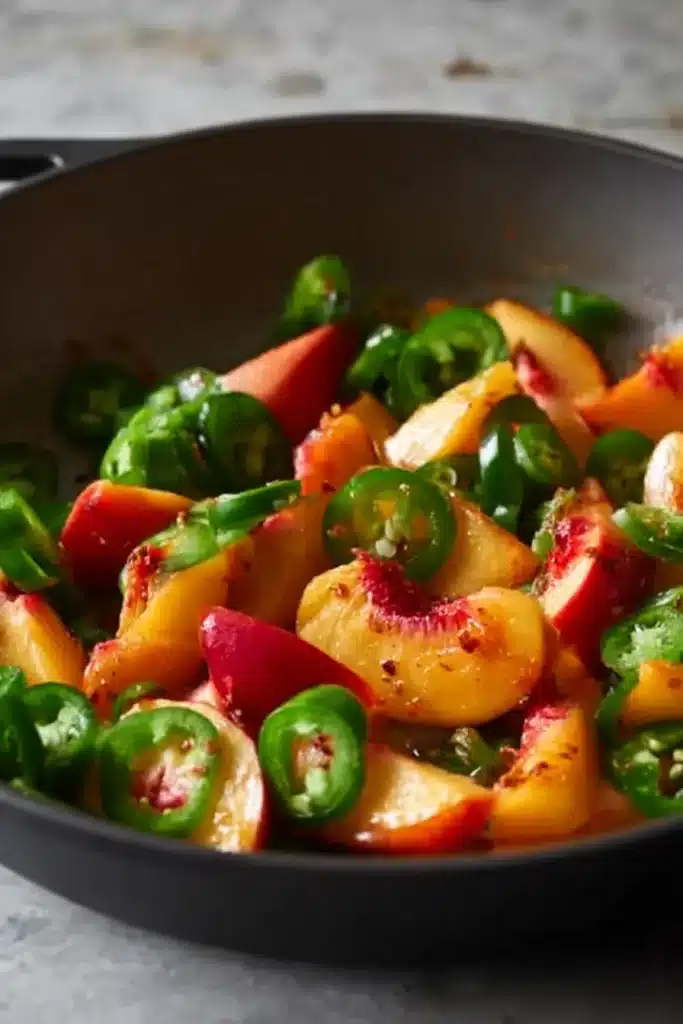 Jalapeno Peach Chicken 3 Jalapeno Peach Chicken peaches and jalapeños cooking in a skillet